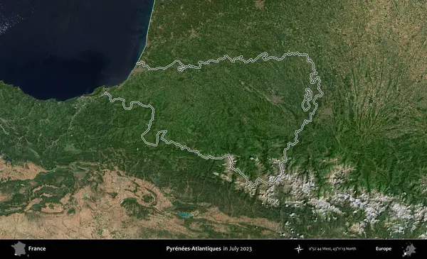 Pireneler-Atlantikler. Copernicus Sentinel 'in Temmuz 2023' te çekilen uydu görüntüsünde Fransa 'nın idari bölgesinin ana hatları belirlendi.