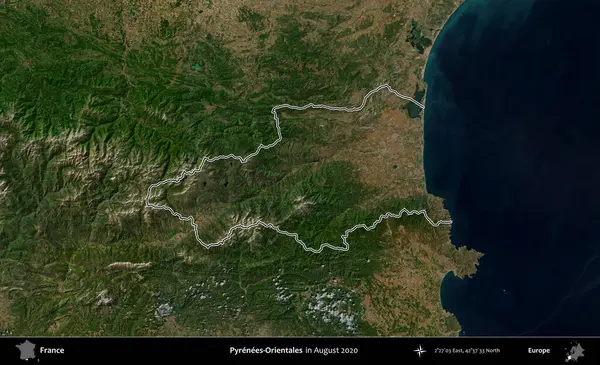 Pirenes-Orientales. Copernicus Sentinel 'in Ağustos 2020' de çekilen uydu görüntüsünde Fransa 'nın idari bölgesinin ana hatları belirlendi.