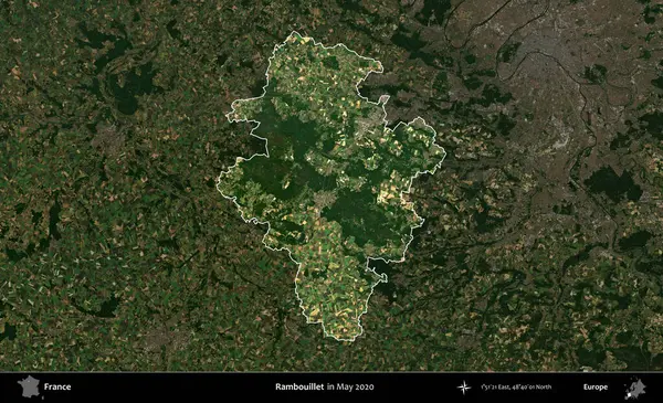 Rambouillet. Fransa 'nın idari alanı, Mayıs 2020' de çekilen Kopernik Nöbetçi karolarından oluşan koyu renkli bir uydu görüntüsü üzerinde vurgulandı ve özetlendi.