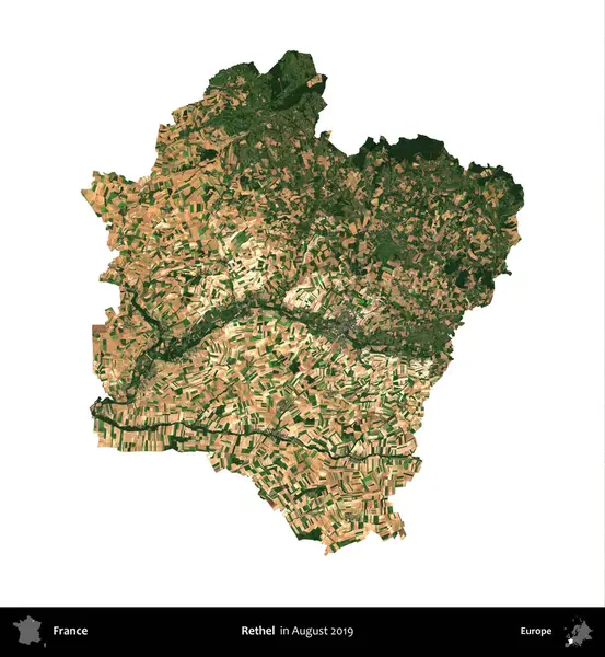 Rethel. Fransa 'nın idari bölgesi, Ağustos 2019' da çekilen Kopernik Nöbetçi karolarından oluşan uydu görüntüsüyle beyaza izole edildi.