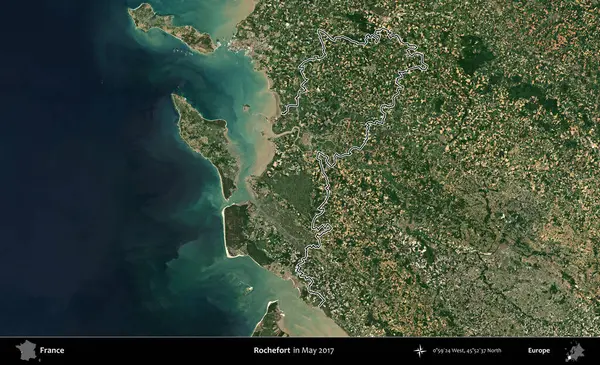Rochefort. Mayıs 2017 'de çekilen Copernicus Sentinel karolarından oluşan bir uydu görüntüsünde Fransa' nın idari bölgesinin ana hatları belirlendi.