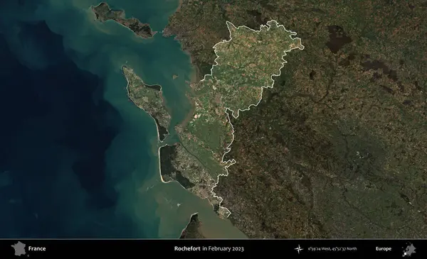 Rochefort. Fransa 'nın idari alanı, Şubat 2023' te çekilen Kopernik Nöbetçi karolarından oluşan koyu renkli bir uydu görüntüsü üzerinde vurgulandı ve özetlendi.