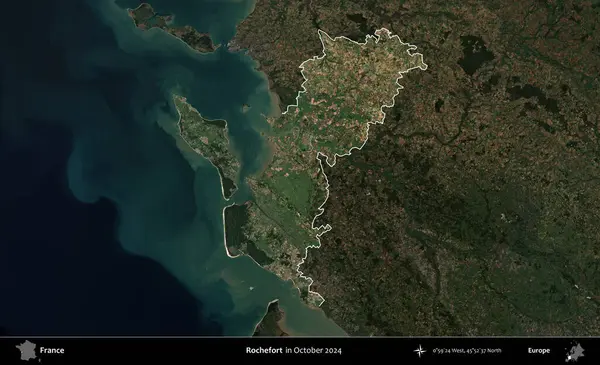 Rochefort. Fransa 'nın idari alanı, Ekim 2024' te çekilen Kopernik Nöbetçi karolarından oluşan koyu renkli bir uydu görüntüsü üzerinde vurgulandı ve özetlendi.