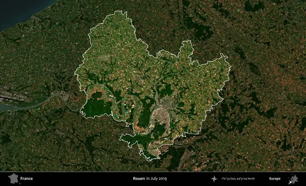 Rouen. Fransa 'nın idari alanı, Temmuz 2019' da çekilen Kopernik Nöbetçi karolarından oluşan koyu renkli bir uydu görüntüsüyle vurgulandı ve özetlendi.