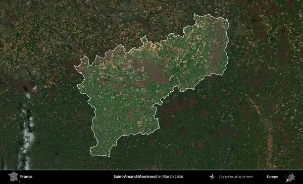 Saint-Amand-Montrond. Fransa 'nın idari alanı, Mart 2020' de çekilen Kopernik Nöbetçi karolarından oluşan koyu renkli bir uydu görüntüsü üzerinde vurgulandı ve özetlendi.