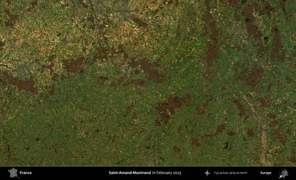 Saint-Amand-Montrond. Copernicus Sentinel 'in Şubat 2023' te çekilmiş uydu görüntüsü üzerine Fransa 'nın idari bölgesi.