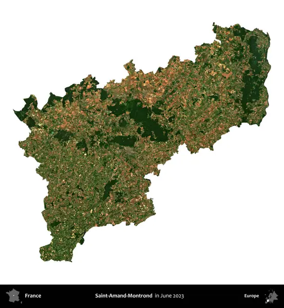 Saint-Amand-Montrond. Fransa 'nın idari bölgesi, Haziran 2023' te çekilen Kopernik Nöbetçi karolarından oluşan bir uydu görüntüsüyle beyaza izole edildi.