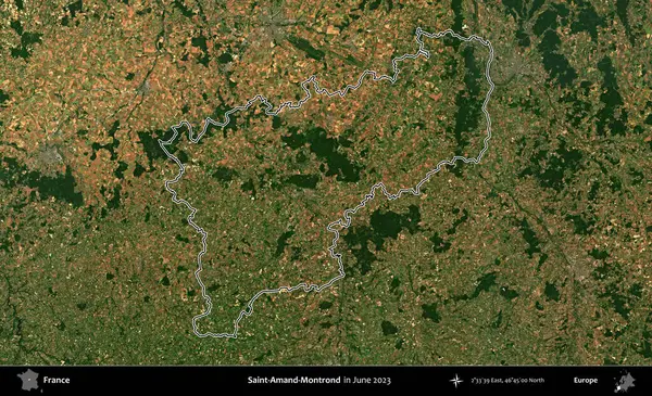 Saint-Amand-Montrond. Haziran 2023 'te çekilen Copernicus Sentinel karolarından oluşan bir uydu görüntüsünde Fransa' nın idari bölgesinin ana hatları belirlendi.