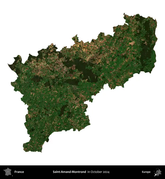Saint-Amand-Montrond. Fransa 'nın idari bölgesi, Ekim 2024' te çekilen Kopernik Nöbetçi karolarından oluşan uydu görüntüsüyle beyaza izole edildi.