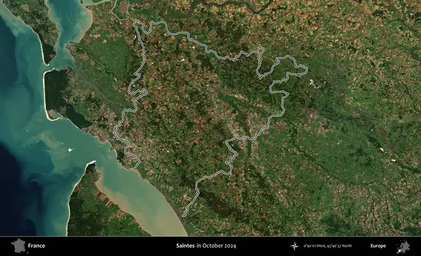 Azizler. Copernicus Sentinel 'in Ekim 2024' te çekilen uydu görüntüsünde Fransa 'nın idari bölgesinin ana hatlarını çizdim.