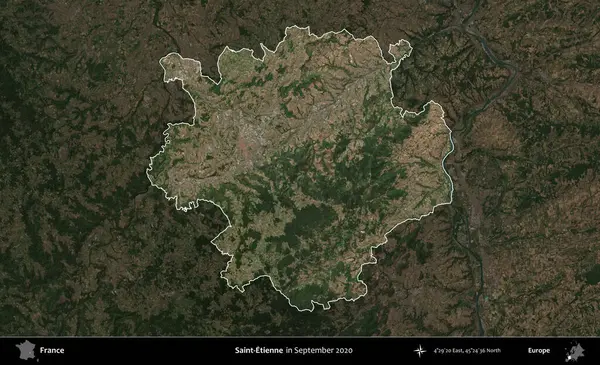 Aziz Etienne. Fransa 'nın idari alanı, Eylül 2020' de çekilen Kopernik Nöbetçi karolarından oluşan koyu renkli bir uydu görüntüsü üzerinde vurgulandı ve özetlendi.