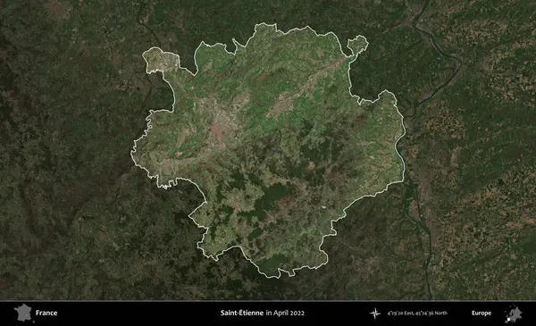 Aziz Etienne. Fransa 'nın idari alanı, Nisan 2022' de çekilen Kopernik Nöbetçi karolarından oluşan koyu renkli bir uydu görüntüsü üzerinde vurgulandı ve özetlendi.