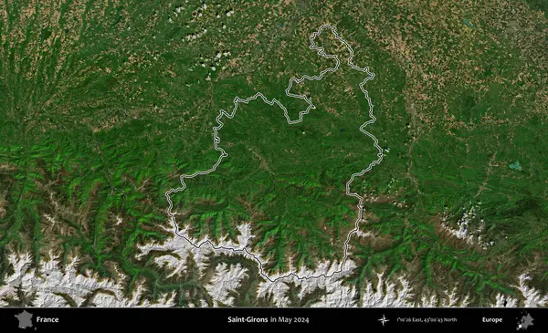 Saint-Gironlar. Mayıs 2024 'te çekilen Copernicus Sentinel karolarından oluşan bir uydu görüntüsünde Fransa' nın idari bölgesinin ana hatlarını çizdim.
