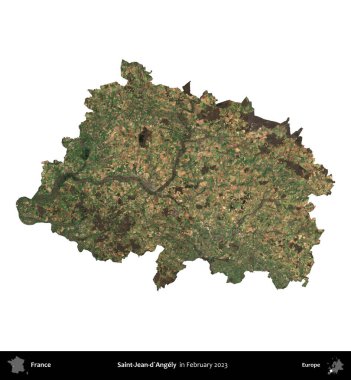 Saint-Jean-d'Angely. Fransa 'nın idari bölgesi, Şubat 2023' te çekilen Kopernik Nöbetçi karolarından oluşan bir uydu görüntüsüyle beyaza izole edildi.