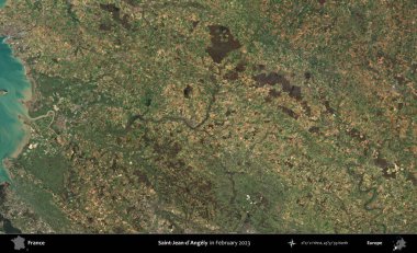 Saint-Jean-d'Angely. Copernicus Sentinel 'in Şubat 2023' te çekilmiş uydu görüntüsü üzerine Fransa 'nın idari bölgesi.