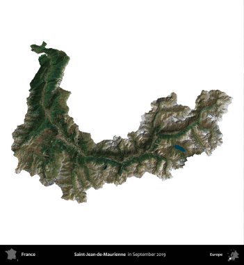 Saint-Jean-de-Maurienne. Fransa 'nın idari bölgesi, Eylül 2019' da çekilen Kopernik Nöbetçi karolarından oluşan uydu görüntüsüyle beyaza izole edildi.