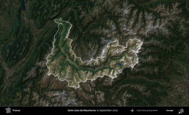 Saint-Jean-de-Maurienne. Fransa 'nın idari alanı, Eylül 2019' da çekilen Kopernik Nöbetçi karolarından oluşan koyu renkli bir uydu görüntüsü üzerinde vurgulandı ve özetlendi.