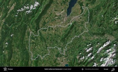 Saint-Julien-en-Genevois. Haziran 2020 'de çekilen Copernicus Sentinel karolarından oluşan bir uydu görüntüsü üzerine Fransa' nın idari bölgesinin ana hatlarını belirledik.