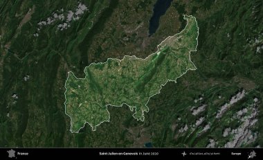 Saint-Julien-en-Genevois. Fransa 'nın idari alanı, Haziran 2020' de çekilen Kopernik Nöbetçi karolarından oluşan koyu renkli bir uydu görüntüsüyle vurgulandı ve özetlendi.