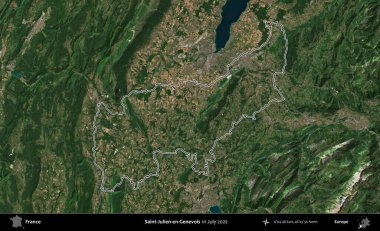 Saint-Julien-en-Genevois. Copernicus Sentinel 'in Temmuz 2022' de çekilen uydu görüntüsünde Fransa 'nın idari bölgesinin ana hatları belirlendi.