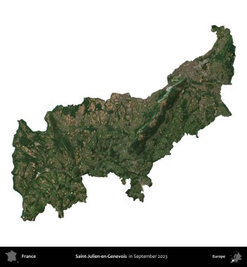 Saint-Julien-en-Genevois. Fransa 'nın idari bölgesi, Eylül 2023' te çekilen Kopernik Nöbetçi karolarından oluşan bir uydu görüntüsü üzerinde beyaza izole edildi.
