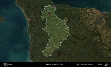 Aziz Lo. Fransa 'nın idari alanı, Şubat 2019' da çekilen Kopernik Sentinel karolarından oluşan koyu renkli bir uydu görüntüsü üzerinde vurgulandı ve özetlendi.
