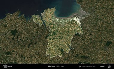 Saint-Malo 'da. Fransa 'nın idari alanı, Mayıs 2020' de çekilen Kopernik Nöbetçi karolarından oluşan koyu renkli bir uydu görüntüsü üzerinde vurgulandı ve özetlendi.
