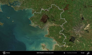 Aziz Nazaire. Copernicus Sentinel 'in Şubat 2018' de çekilen uydu görüntüsünde Fransa 'nın idari bölgesinin ana hatları belirlendi.