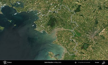Aziz Nazaire. Mayıs 2020 'de çekilen Copernicus Sentinel karolarından oluşan bir uydu görüntüsünde Fransa' nın idari bölgesinin ana hatları belirlendi.