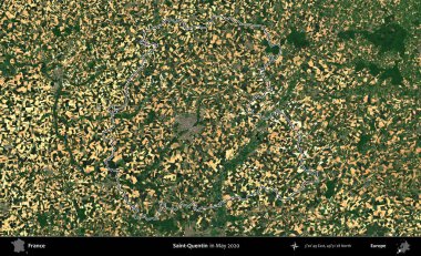 Aziz Quentin. Mayıs 2020 'de çekilen Copernicus Sentinel karolarından oluşan bir uydu görüntüsünde Fransa' nın idari bölgesinin ana hatları belirlendi.