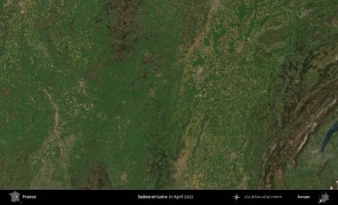 Saone-et-Loire. Copernicus Sentinel 'in Nisan 2022' de çekilmiş uydu görüntüsü üzerine Fransa 'nın idari bölgesi.