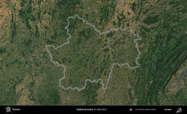 Saone-et-Loire. Copernicus Sentinel 'in Temmuz 2022' de çekilen uydu görüntüsünde Fransa 'nın idari bölgesinin ana hatları belirlendi.
