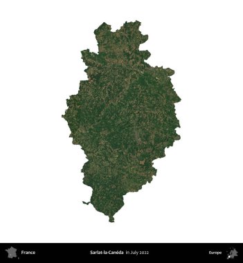 Sarlat-la-Caneda. Fransa 'nın idari bölgesi, Temmuz 2022' de çekilen Kopernik Nöbetçi karolarından oluşan bir uydu görüntüsüyle beyaza izole edildi.