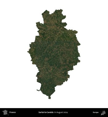 Sarlat-la-Caneda. Fransa 'nın idari bölgesi, Ağustos 2024' te çekilen Kopernik Nöbetçi karolarından oluşan bir uydu görüntüsüyle beyaza izole edildi.