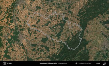 Sarrebourg-Chateau-Salins. Copernicus Sentinel 'in Ağustos 2020' de çekilen uydu görüntüsünde Fransa 'nın idari bölgesinin ana hatları belirlendi.