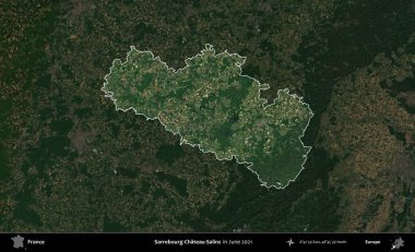 Sarrebourg-Chateau-Salins. Fransa 'nın idari alanı, Haziran 2021' de çekilen Kopernik Sentinel karolarından oluşan koyu renkli bir uydu görüntüsü üzerinde vurgulandı ve özetlendi.