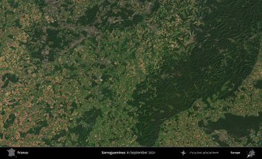 Sarregülinler. Copernicus Sentinel 'in Eylül 2021' de çekilmiş uydu görüntüsü üzerine Fransa 'nın idari bölgesi.