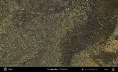 Sarregülinler. Copernicus Sentinel 'in Mart 2022' de çekilmiş uydu görüntüsü üzerine Fransa 'nın idari bölgesi.