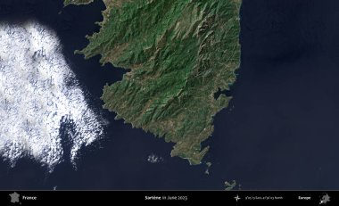 Sartene. Copernicus Sentinel 'in Haziran 2023' te çekilmiş uydu görüntüsü üzerine Fransa 'nın idari bölgesi.