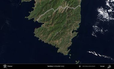 Sartene. Copernicus Sentinel 'in Ekim 2023' te çekilen uydu görüntüsünde Fransa 'nın idari bölgesinin ana hatları belirlendi.