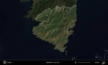 Sartene. Fransa 'nın idari alanı, Temmuz 2024' te çekilen Kopernik Nöbetçi karolarından oluşan koyu renkli bir uydu görüntüsüyle vurgulandı ve özetlendi.