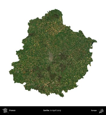 Sarthe. Fransa 'nın idari bölgesi, Nisan 2019' da çekilen Kopernik Nöbetçi karolarından oluşan bir uydu görüntüsü ile beyaza izole edildi.