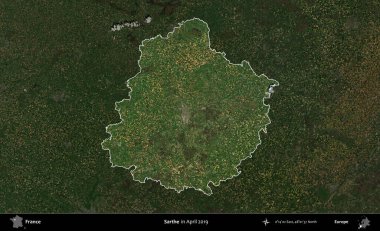 Sarthe. Fransa 'nın idari alanı, Nisan 2019' da çekilen Kopernik Nöbetçi karolarından oluşan koyu renkli bir uydu görüntüsü üzerinde vurgulandı ve özetlendi.