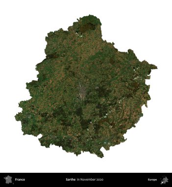 Sarthe. Fransa 'nın idari bölgesi, Kasım 2020' de çekilen Kopernik Nöbetçi karolarından oluşan bir uydu görüntüsü üzerinde beyaza izole edildi.