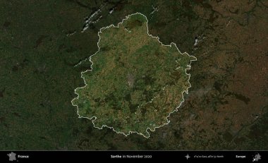 Sarthe. Fransa 'nın idari alanı, Kopernik Sentinel' in Kasım 2020 'de çekilmiş koyu renkli bir uydu görüntüsüyle vurgulandı ve özetlendi.