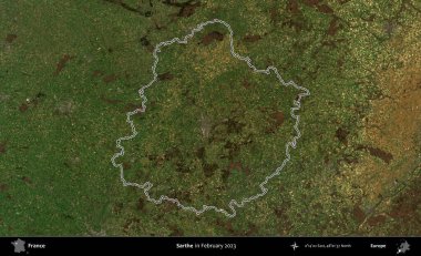 Sarthe. Copernicus Sentinel 'in Şubat 2023' te çekilen uydu görüntüsünde Fransa 'nın idari bölgesinin ana hatları belirlendi.