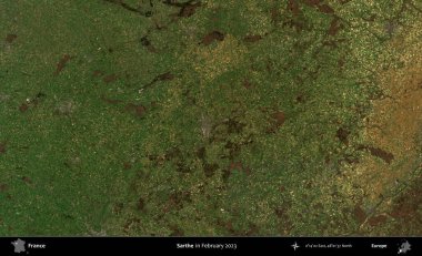 Sarthe. Copernicus Sentinel 'in Şubat 2023' te çekilmiş uydu görüntüsü üzerine Fransa 'nın idari bölgesi.