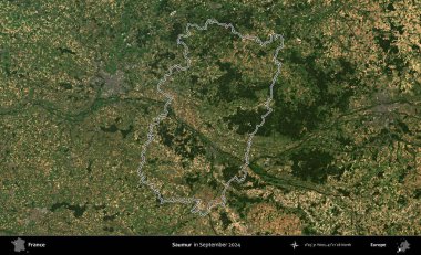 Saumur. Eylül 2024 'te çekilen Copernicus Sentinel karolarından oluşan bir uydu görüntüsünde Fransa' nın idari bölgesinin ana hatlarını çizdim.