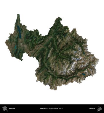 Savoie. Fransa 'nın idari bölgesi, Eylül 2018' de çekilen Kopernik Nöbetçi karolarından oluşan uydu görüntüsüyle beyaza izole edildi.