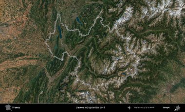 Savoie. Eylül 2018 'de çekilen Copernicus Sentinel karolarından oluşan bir uydu görüntüsünde Fransa' nın idari bölgesinin ana hatlarını çizdim.
